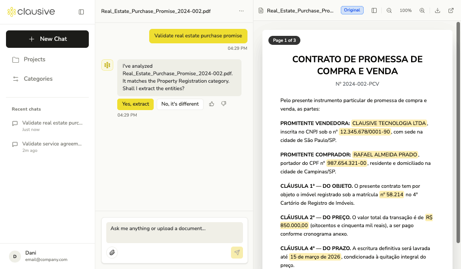 Tela de validação do Clausive: chat à esquerda e documento original com entidades destacadas à direita.